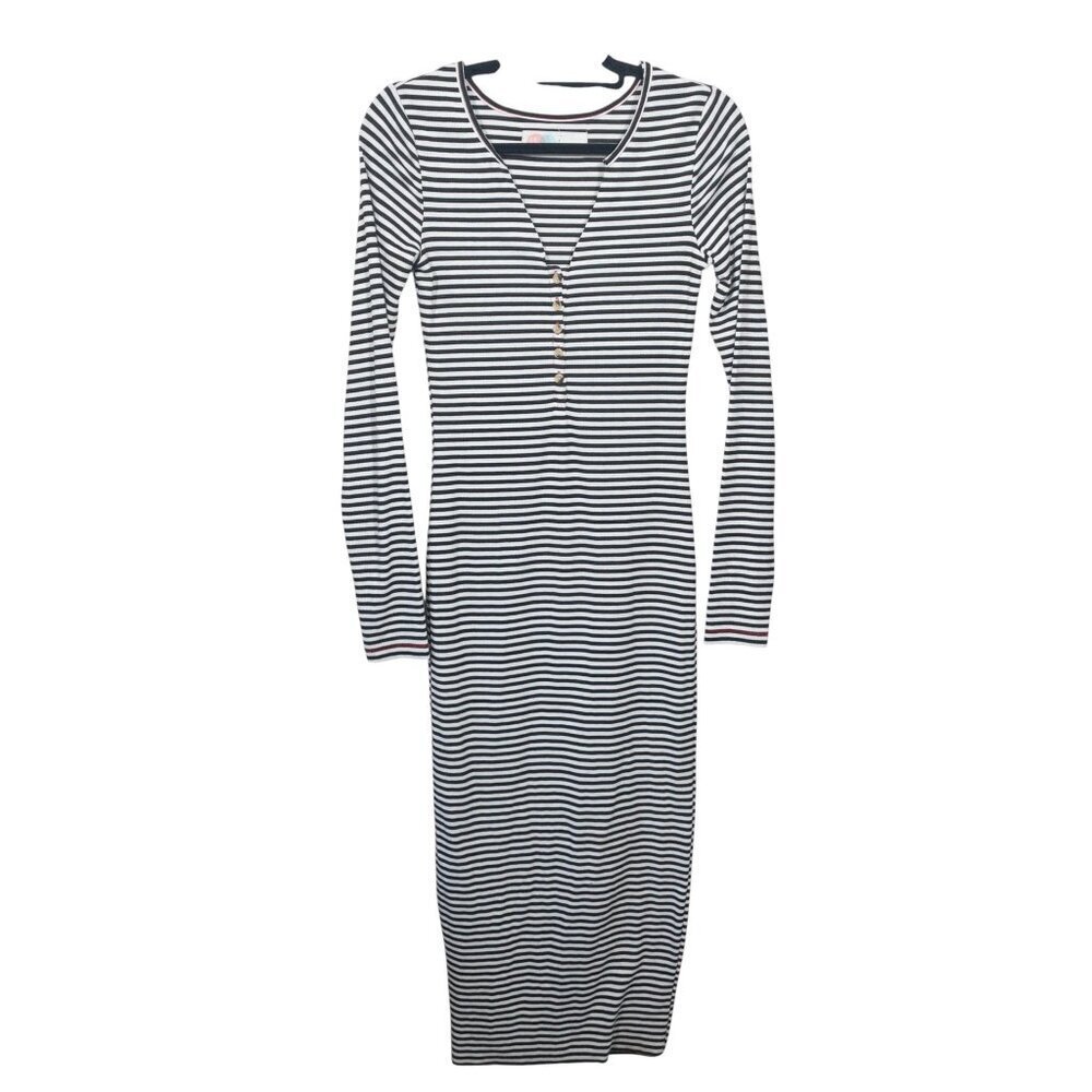 FP Beach Black and White Striped Dress SZ S Long Sleeve V Neck Henley